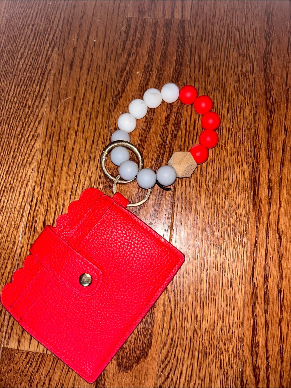 Red Leather Cardholder Keychain with Beaded Wristlet